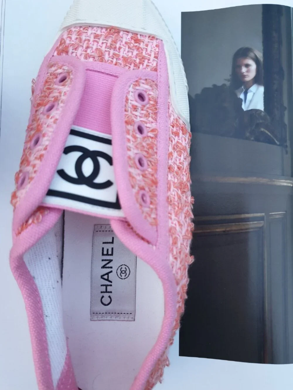 Chanel Tweed Pink Sneaker Fashion Women Girls Casual Everyday Shoes Size 6.5